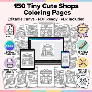 150-page coloring book about small shops (POR), editable Canva template, resale rights (PLR), coloring page pack