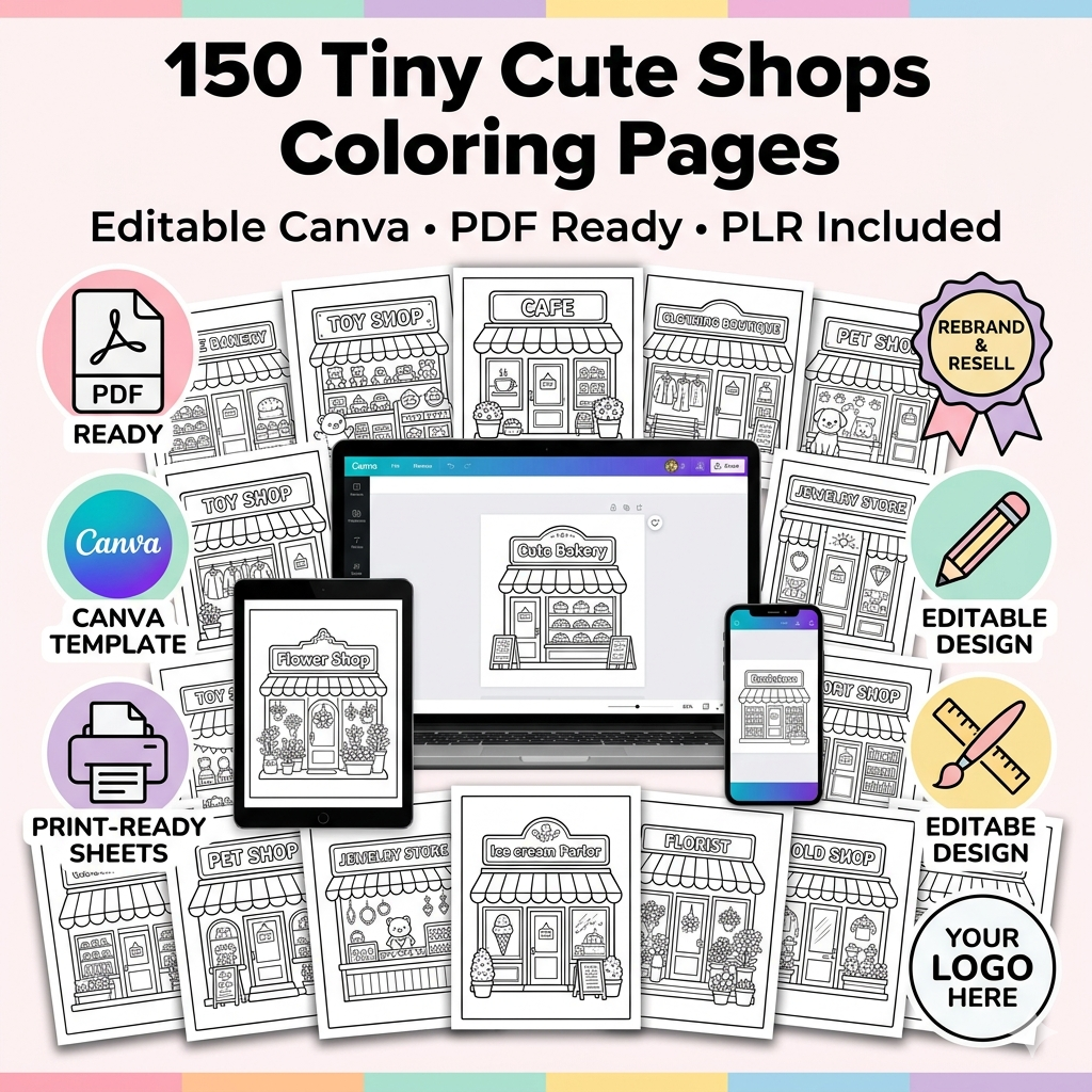 150-page coloring book about small shops (POR), editable Canva template, resale rights (PLR), coloring page pack
