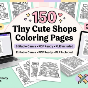 150-page coloring book about small shops (POR), editable Canva template, resale rights (PLR), coloring page pack