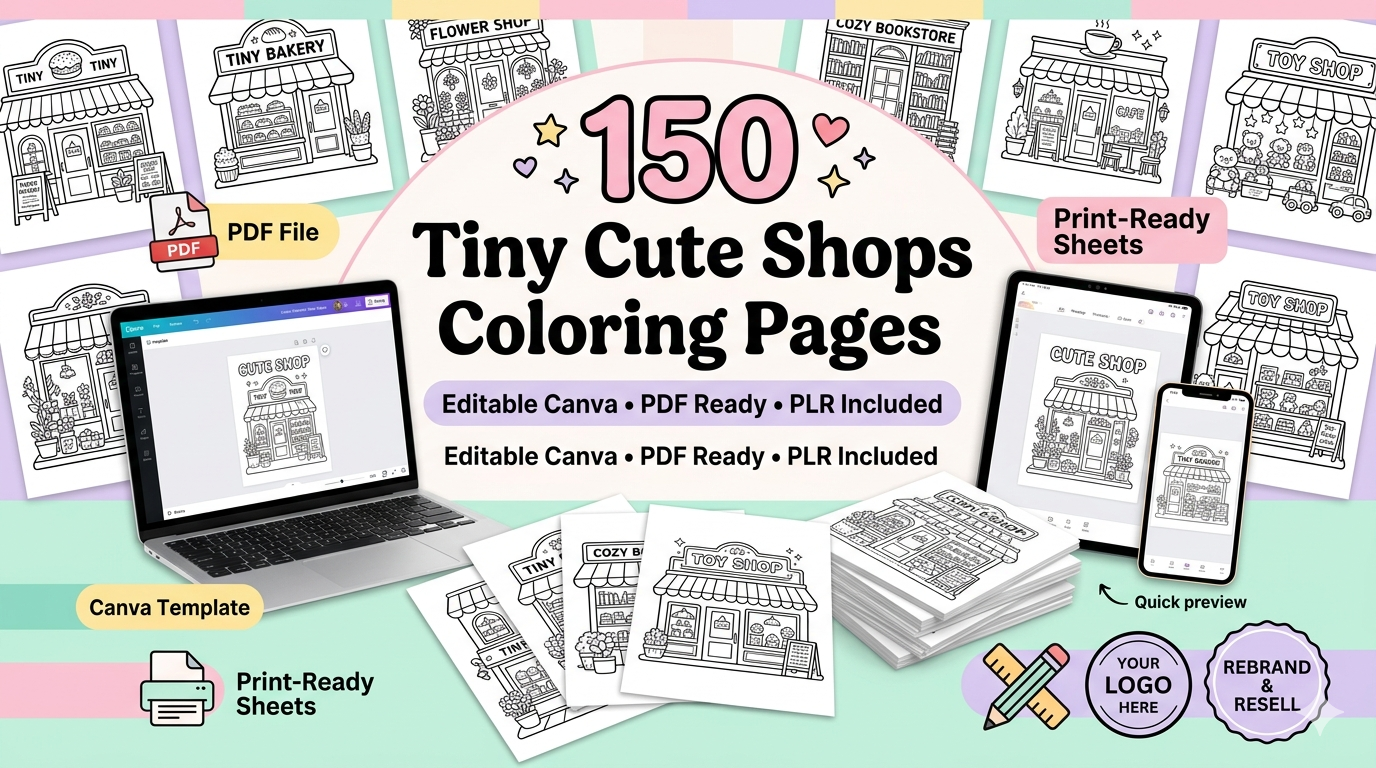 150-page coloring book about small shops (POR), editable Canva template, resale rights (PLR), coloring page pack - Image 2