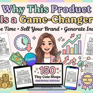 150-page coloring book about small shops (POR), editable Canva template, resale rights (PLR), coloring page pack