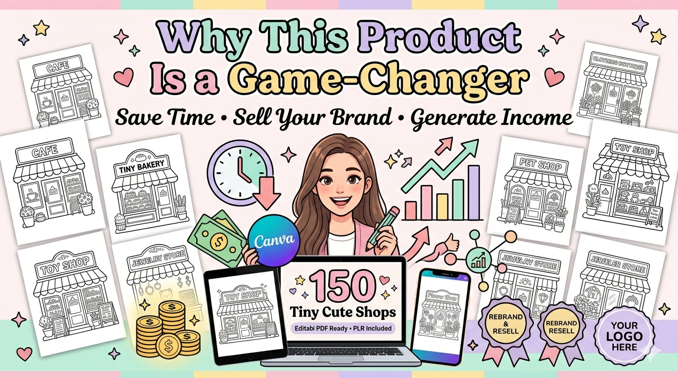 150-page coloring book about small shops (POR), editable Canva template, resale rights (PLR), coloring page pack - Image 3