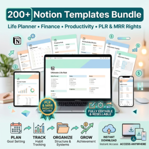 200+ Notion Templates Bundle | Life Planner, Finance, Productivity (PLR & MRR Rights)