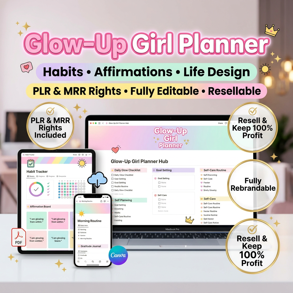 Glow-Up Girl Planner Notion Template: Habits, Affirmations & Life Design (PLR/MRR)