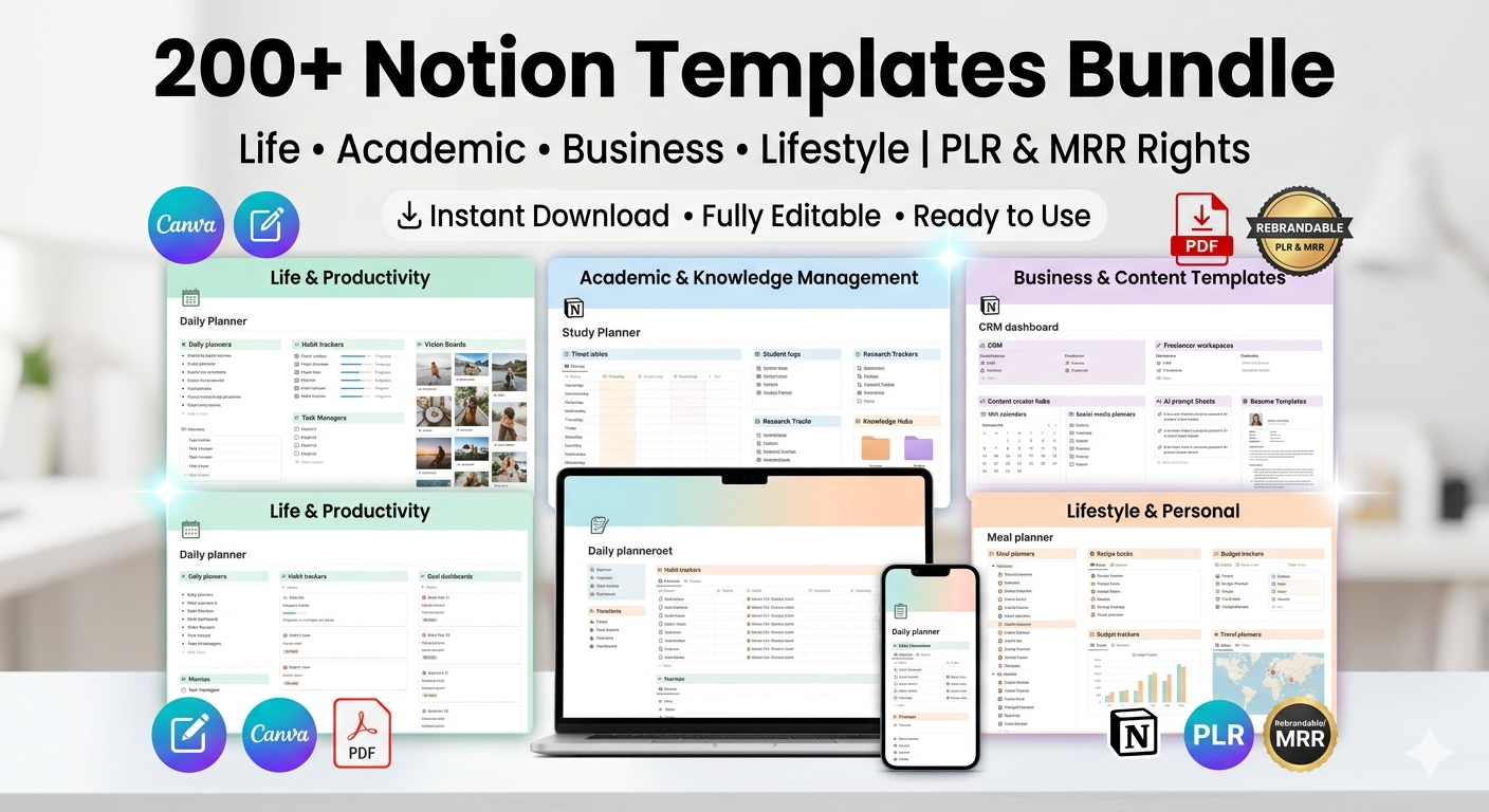 200+ Notion Templates Bundle | Life Planner, Finance, Productivity (PLR & MRR Rights) - Image 3