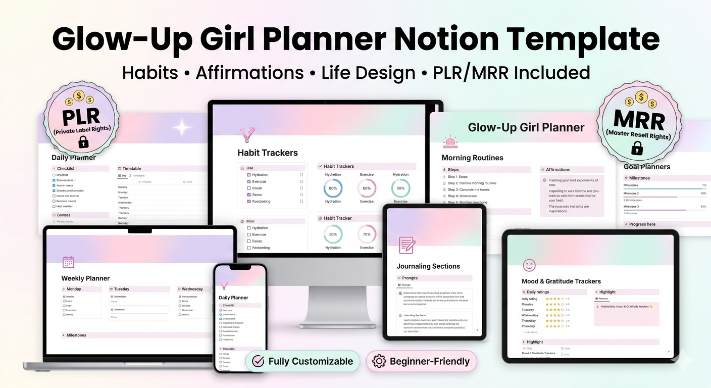 Glow-Up Girl Planner Notion Template: Habits, Affirmations & Life Design (PLR/MRR) - Image 2