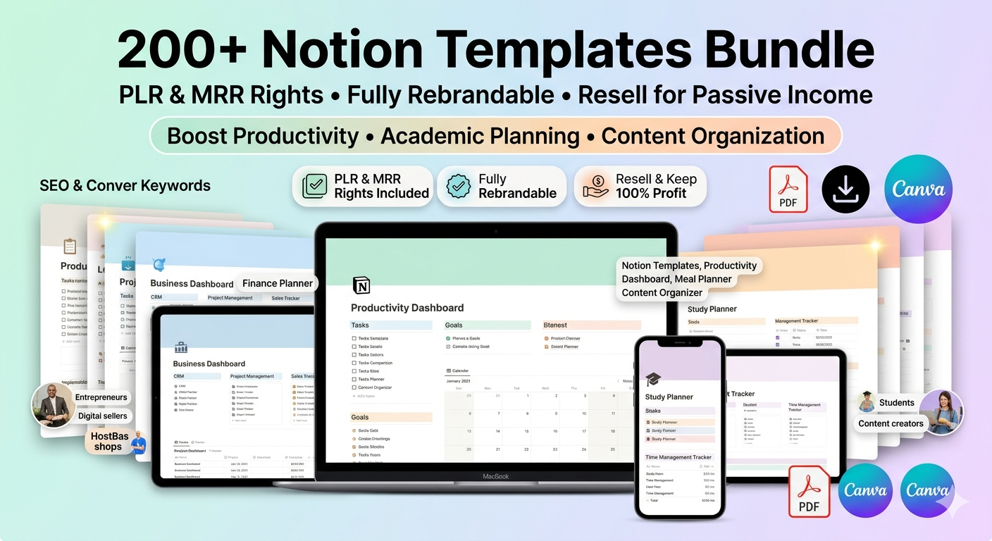 200+ Notion Templates Bundle | Life Planner, Finance, Productivity (PLR & MRR Rights) - Image 2